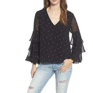 WAYF | Micah Ruffle Sleeve Moon Print Long Sleeve V-Neck Disco Blouse | Medium